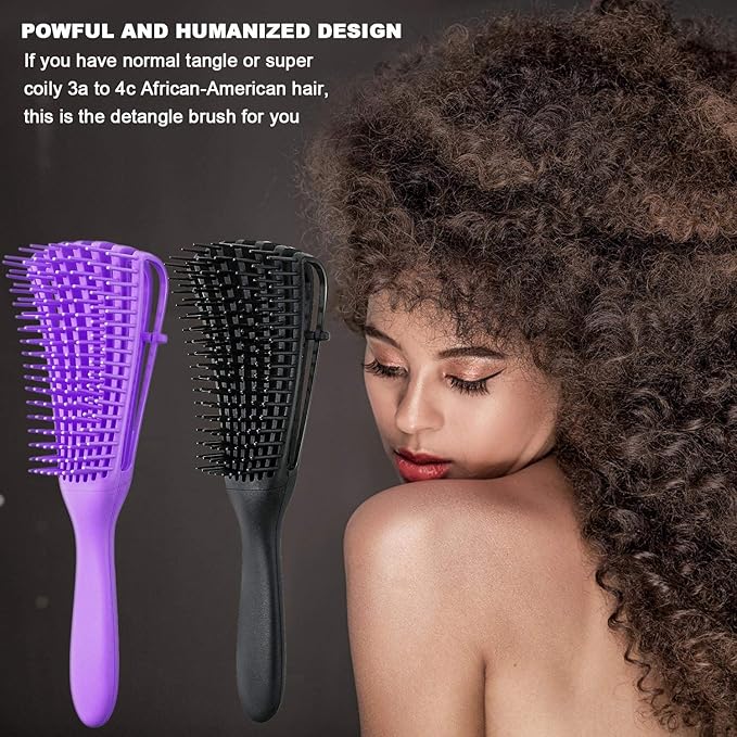 2 Pieces Detangling Brush for Afro America/African Hair Textured 3a to 4c Kinky Wavy/Curly/Coily/Wet/Dry/Oil/Thick/Long Hair, Knots Detangler Easy to Clean (Black, Purple)