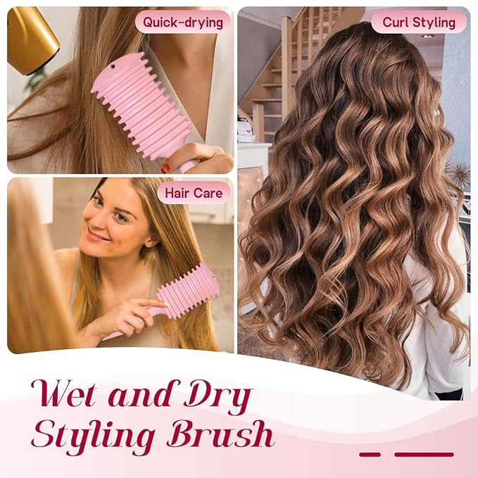 Curly Hair Brush, 5-in-1 Detangling & Curl Defining Brush for Curly Hair Wet or Dry, Shaping & Styling Brushes with Less Pulling for Women & Men (Pink)