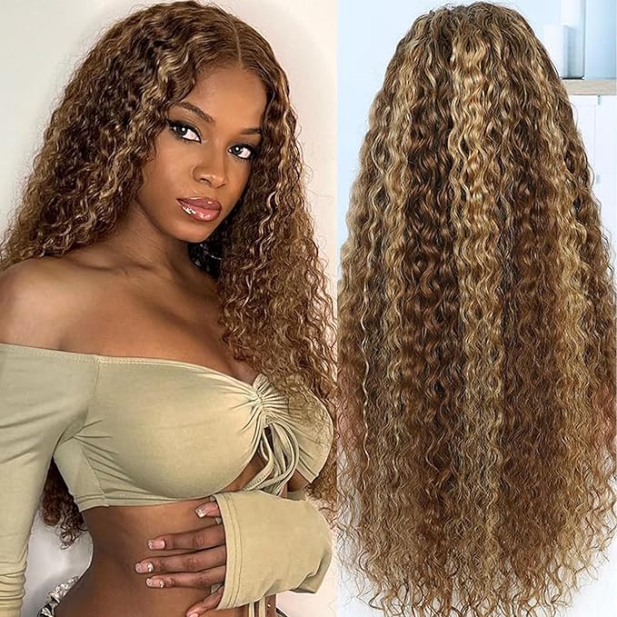 CYNOSURE 13x5 Honey Blonde Curly Wigs Human Hair 180% Density Highlight Ombre Deep Wave Curly 4/27 Colored HD Transparent Lace Front wig Human Hair Pre Plucked with Baby Hair 28 Inch