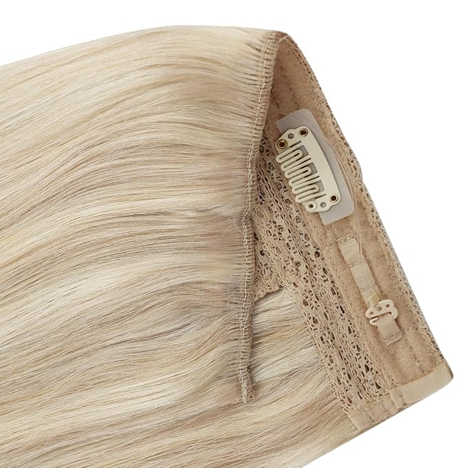 YoungSee Invisible Wire Hair Extensions Blonde Highlight Hair Extensions Wire Ash Blonde Highlights Bleach Blond One Piece Hair Extensions Real Human Hair Thick Remy Hair 20In 100g