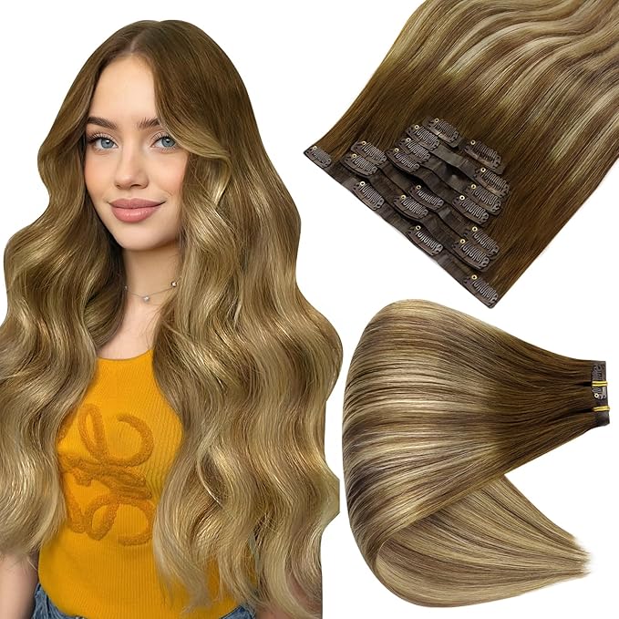 Full Shine Clip in Human Hair Extensions Balayage Clip in Hair Extensions Medium Brown to Honey Blonde and Light Brown Real Hair for Women 14 Inch 8 PCS 120 G