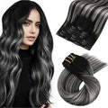 Moresoo Black And Silver Clip in Hair Extensions Ombre Natural Black to Silver Grey Hair Extensions Real Human Hair Clip ins Remy Human Hair Long Full Head 120g/7pcs 22 inch