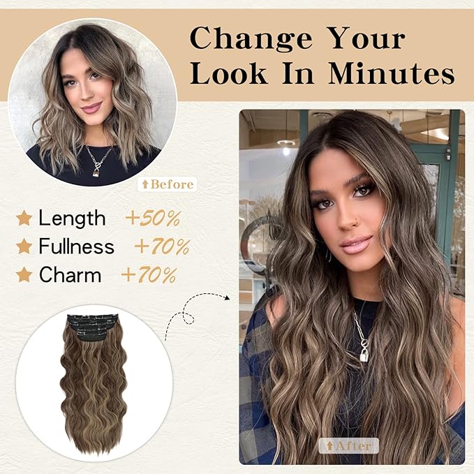 Clip in Hair Extensions, 20 Inch Medium Brown Mixed Golden Blonde Hair Extensions for Women 4PCS Curly Hair