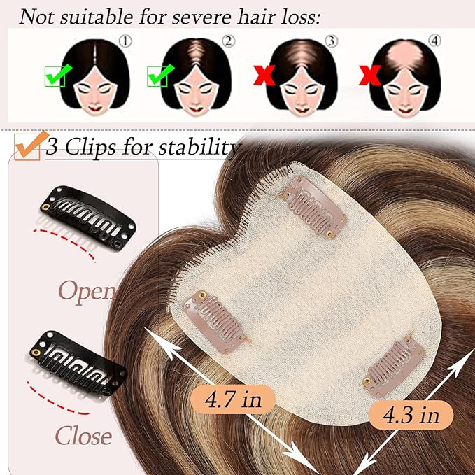 Human Hair Toppers for Women with Thinning Hair Real Human Topper Crown No Bangs 10 Inch #4P27 Medium Brown mix Dark Blonde