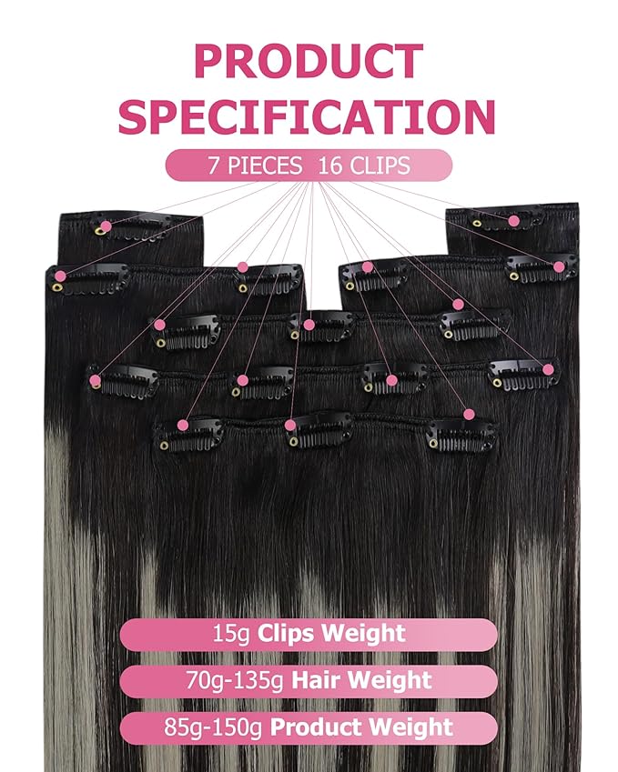 YoungSee Clip in Human Hair Extensions Natural Black Mix Grey Balayage Clip on Hair Extensions for Women Black Ombre Hair Extension Clip ins Silky Straight Hair 20inch 120g