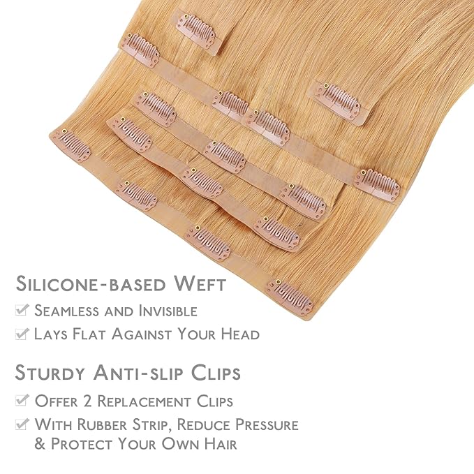 WENNALIFE Seamless Clip In Hair Extensions Human Hair, 18 Inch 130g 7pcs Strawberry Blonde Real Hair Extensions Clip in Human Hair Invisible PU Skin Weft Natural Remy Human Hair Extensions