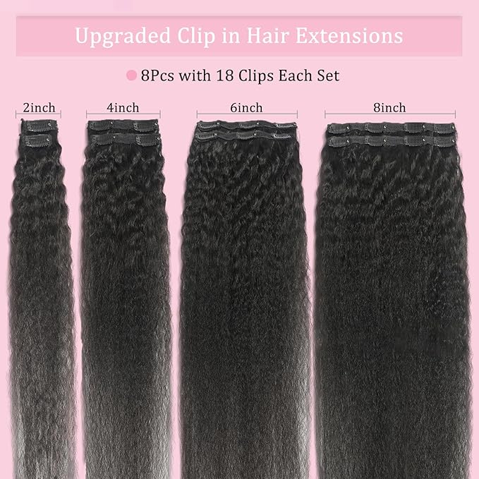 18 Inch Clip in Human Hair Extensions 110g 8Pcs with 18Clips Clip in Extensions for Black Women Natural Black Brazilian Human Hair Double Weft Kinky Straight Clip Ins（1B Color）