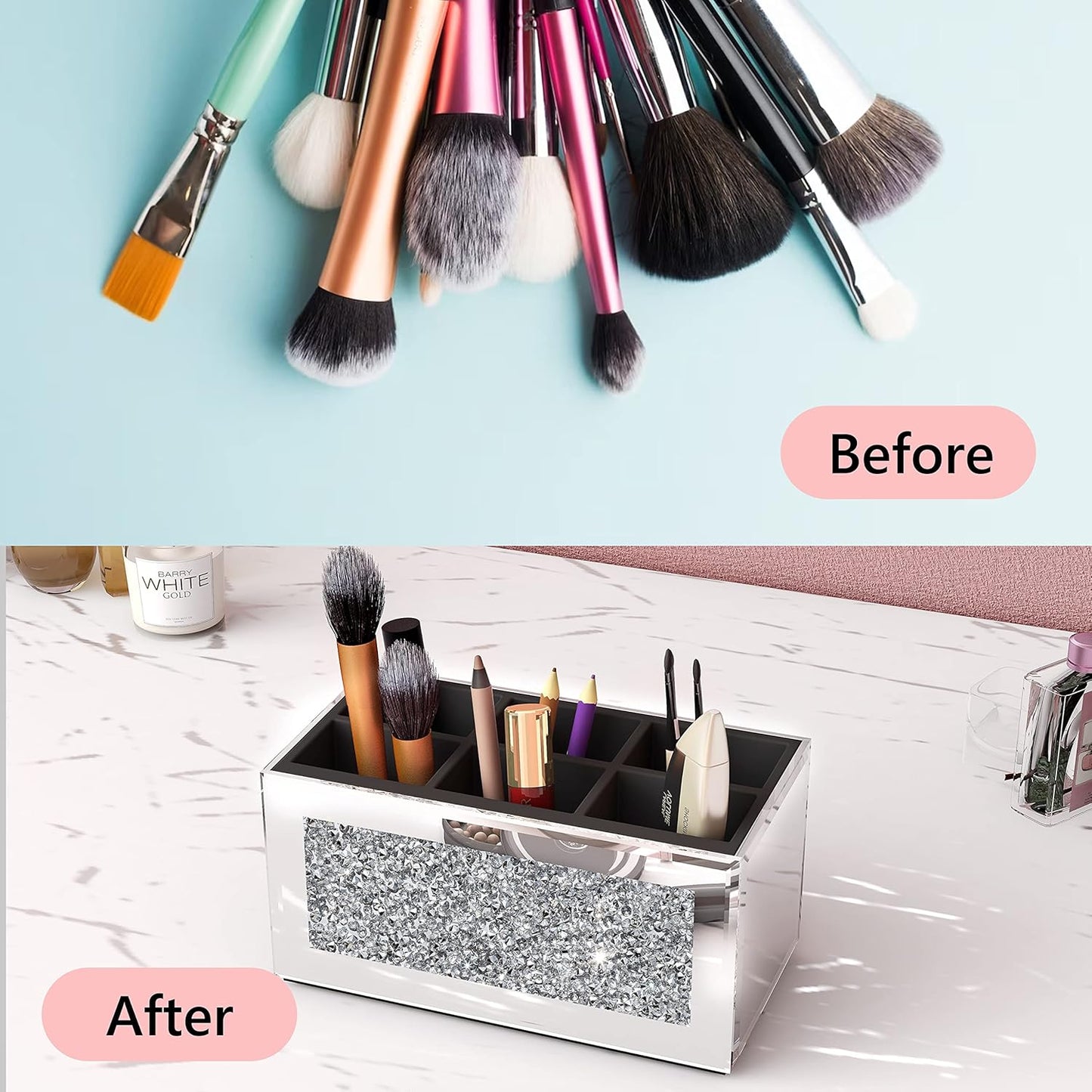 SHYFOY Makeup Brush Holder Organizer with Crushed Diamond 6 Slot Mirrored Make up Cosmetics Organizers and Storage for Vanity Countertop