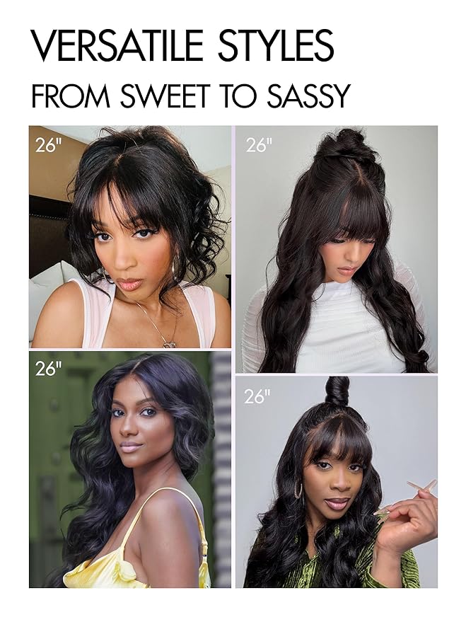 LUVME HAIR 7x6 HD Lace All-Day Comfort Wig with Bangs 200% Density Hair PartingMax Lace Wigs Loose Body Wave Lace Front Wigs Human Hair Pre Cut Plucked Lace Frontal Glueless 20 Inches