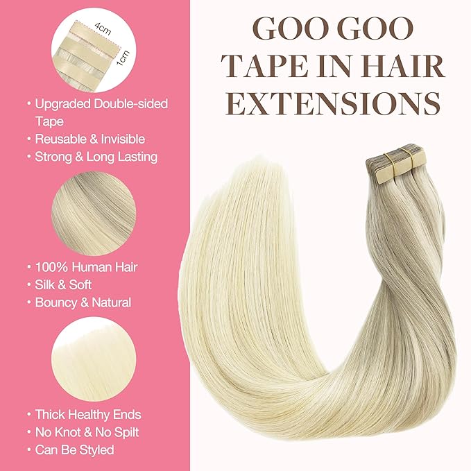 GOO GOO Tape in Hair Extensions Human Hair, 17/22/60 Ash Blonde to Golden Blonde and Platinum Blonde, 16inch 50g 20pcs, Skin Weft Seamless Invisible, Silky Straight with Thick Ends, Remy Human Hair