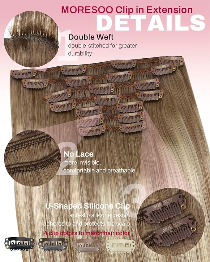 Moresoo Ombre Brown to Blonde Clip in Hair Extensions Human Hair Light Brown to Medium Blonde Remy Human Hair Clip in Extensions to Add Volume for Women Long And Thick 150g/7pcs 22 inch