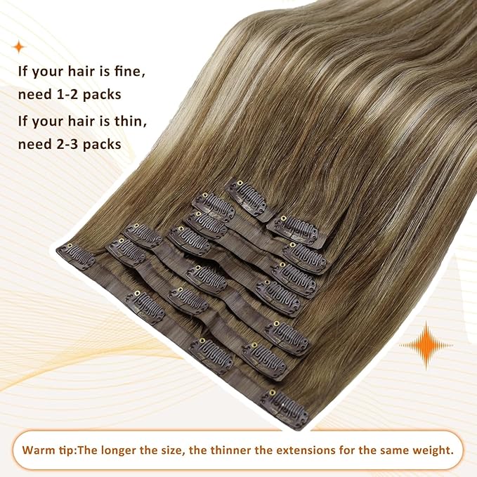 Full Shine Brown Seamless Hair Extensions Clip ins Balayage Chestnut Brown to Platinum Blonde Human Hair Clip in Extensions for Woman Washability 14 Inch 8 PCS 120 G