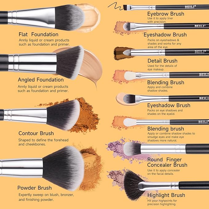 BEILI Makeup Brushes 12pcs Makeup Brushes Set with Holder Premium Synthetic Kabuki Foundation Brush Blending Blush Concealer Full Face Makeup Brushes Kit With Gift Box(Black)