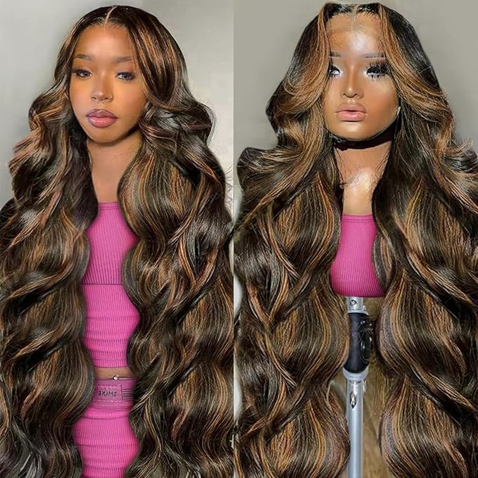 30 inch Highlight Body Wave Lace Front Wigs Human Hair Pre Plucked 200 Density 1B/30 Ombre Frontal Wigs Human Hair 13x4 Transparent Lace Wig Glueless Balayage Wigs for Women