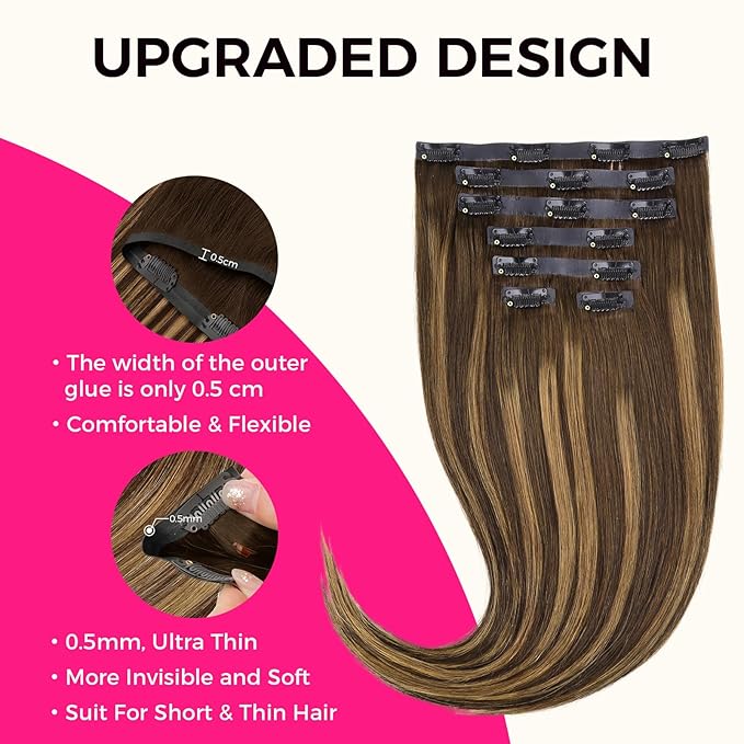 Lashey Seamless Clip in Hair Extensions Human Hair, 14 Inch 110g 7pcs Straight Balayage Chocolate Brown to Honey Blonde with Brown Root Highlight Clip in Hair Extensions for Women