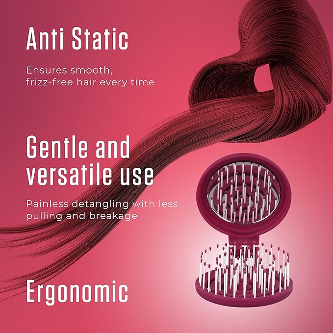 Mini Detangler Travel Hair Brush with Mirror, Makaron Hair Brushes for Women, Men and Kids, Unique 3D Flexible Design for All Hair Types, Styling Accessory, Travel Essentials for Women (DARK DAMSON)