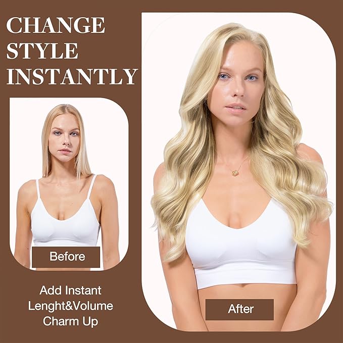 GOO GOO Clip in Hair Extensions Real Human Hair, Remy Human Hair Extensions Clip ins for Women, Natural Human Hair, 18inch 120g 7Pcs, 16/22 Light Blonde Highlighted Golden Blonde