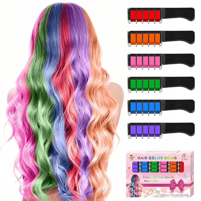 6 Color New Hair Chalk Comb Temporary Bright Washable Hair Color Dye for Kids,Washable Hair Chalk for Girls Age 4 5 6 7 8 9 10 New Year Birthday Cosplay DIY(Blue&Orange&Green&Pink&Brown&Purple)