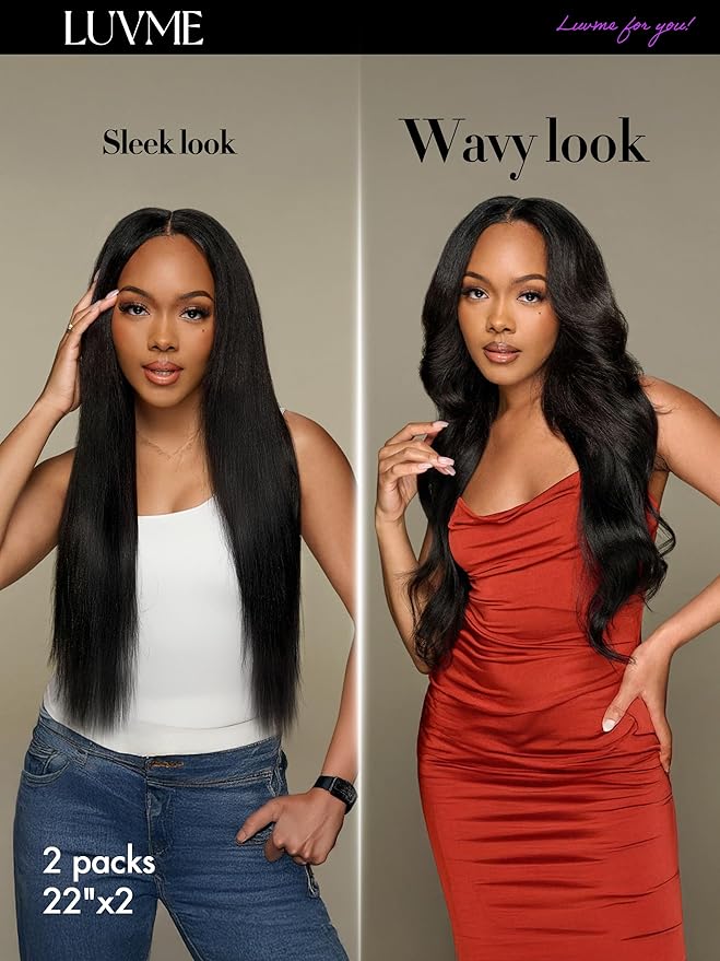 LUVME Yaki Straight Seamless 2 Pack 220g 14Pcs Clip in Hair Extensions Full Max with 14inch Remy Human Hair Extensions, Natural Black 100% Real Soft Hair