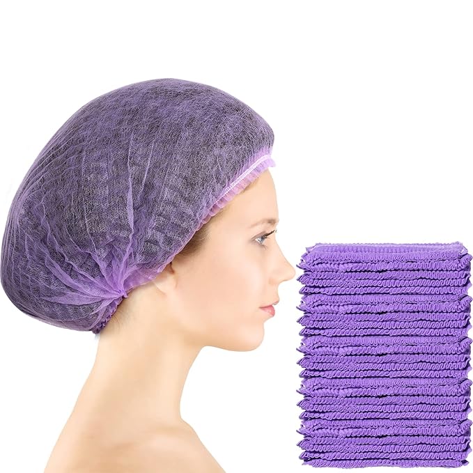 100 Pcs Disposable Nonwoven Bouffant Caps 21 Inch Hair Net Elastic Cap Hair Cover Hats for Beauty Salon Hospital Spa Catering Dust-free Workspace(Purple)