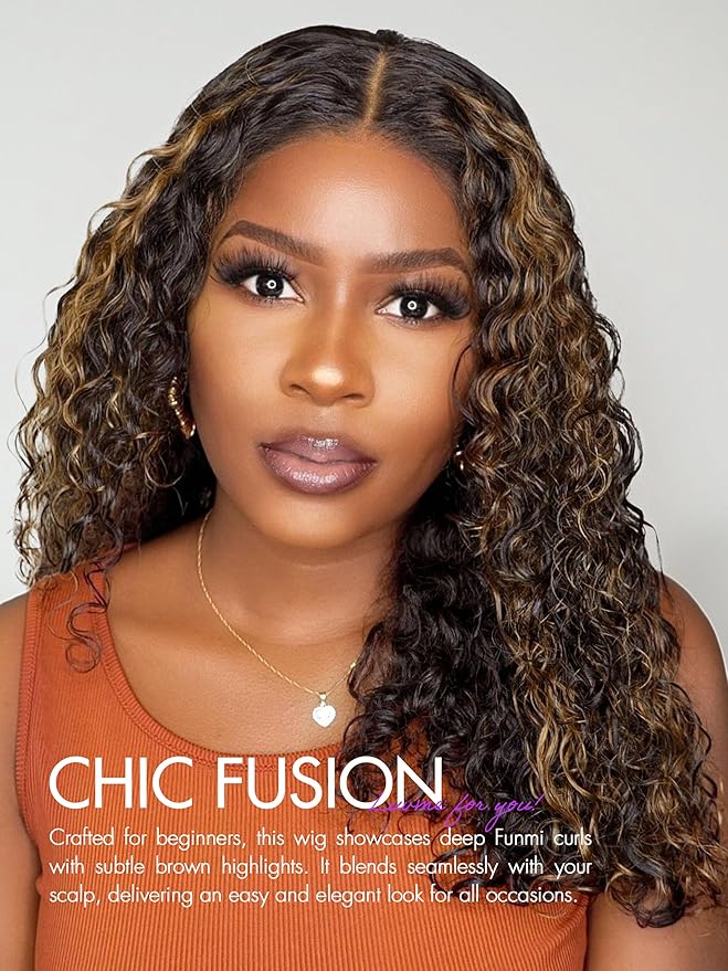 LUVME HAIR 18 Inch Highlight Brown Curly Lace Front Wig Human Hair Pre Cut Lace Glueless 5X5 Closure Wig Pre Plucked For Women 180 Density