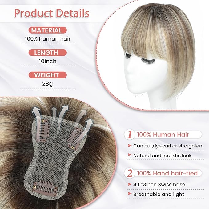 YAMI Human Hair Toppers for Women with Thinning Hair Topper with Bangs Upgrade Swiss Base 10inch Hairpiecees for Women with Hairloss (Ombre Light Brown with Blond Highlight)