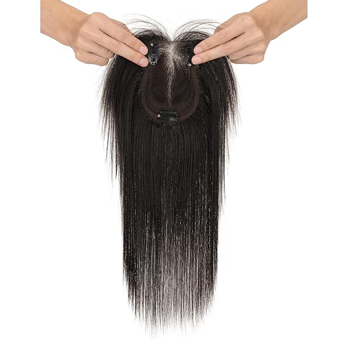 Hairro Human Hair Toppers with Side Bangs, 3D 360° Seamless Real Hair Toppers, Hand-Tied with 3.5"x4.7" U-shaped Base, Clip-In Hairpieces to Add Volume on Top, 12 Inch Natural Black