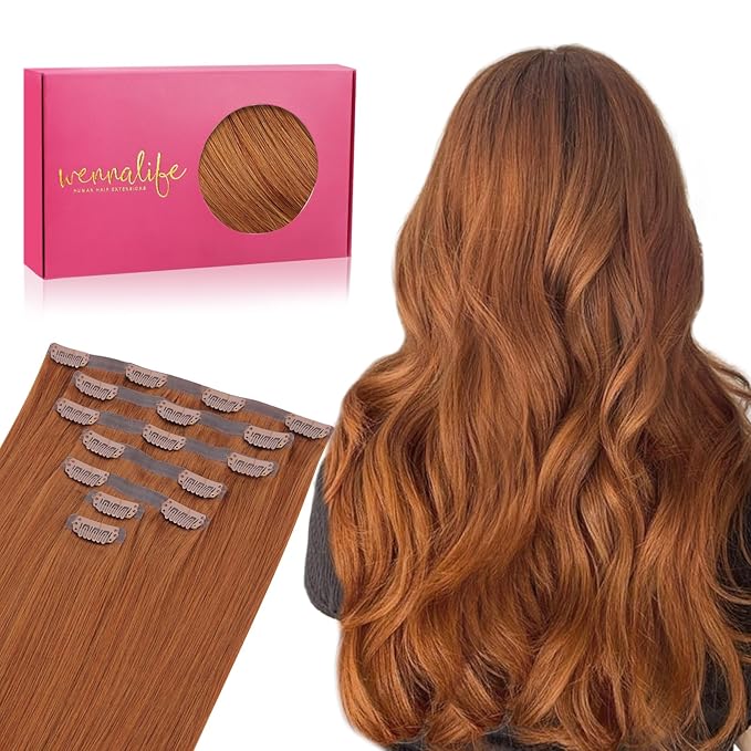 WENNALIFE Seamless Clip In Hair Extensions Human Hair, 18 Inch 130g 7pcs Dirty Ginger Real Hair Extensions Clip in Human Hair Invisible PU Skin Weft Natural Remy Human Hair Extensions