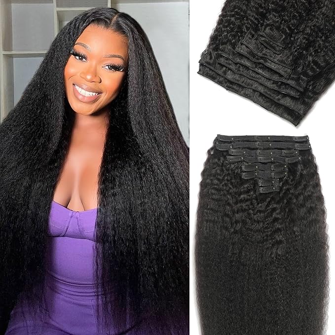 Clip in Hair Extensions Real Human Hair 20 Inch 8Pcs 120g Kinky Straight Clip Ins Full Head Brazilian Remy Hair Extensions for Women Natural Black Double Weft Clip In