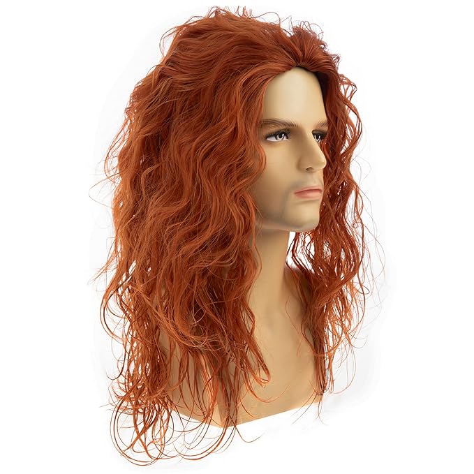 Baruisi Long Curly Wavy Orange Wigs for Men Synthetic Natural Party Halloween Cosplay Hair Wig