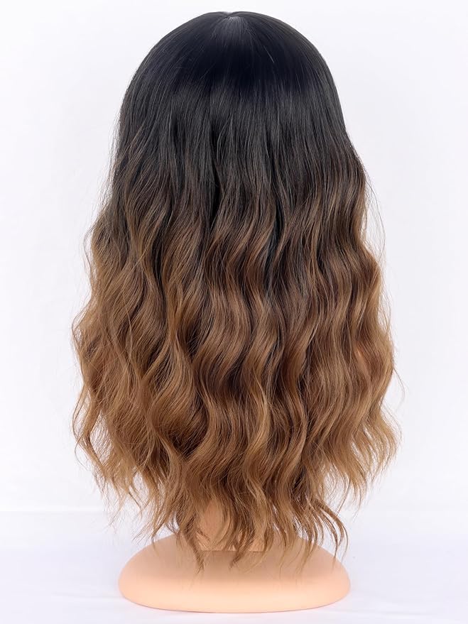 Ombre Brown Wavy Wigs with Bangs for Women - Medium Length Black To Brown Synthetic Wigs for Daily Party Use