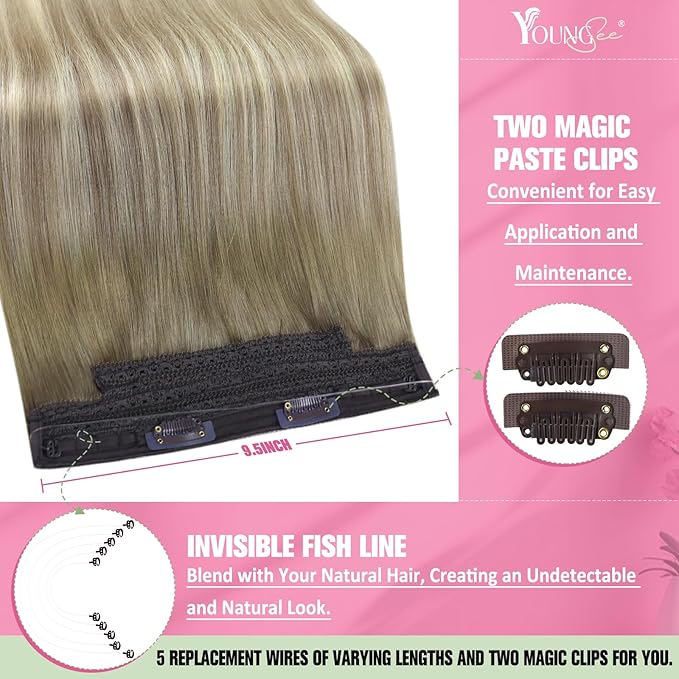 YoungSee 100G Wire Hair Extensions Human Hair Ombre Blonde Hair Extensions Wire Balayage Ash Blond Ombre Platinum Blonde Fish Line Human Hair Extensions Easy to Put in 20In