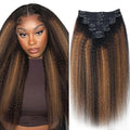 Kinky Straight Clip in Hair Extensions Real Human Hair For Women Highlight Hair Extensions Kinky Straight Clip ins (22inch,T1BP1B/30)