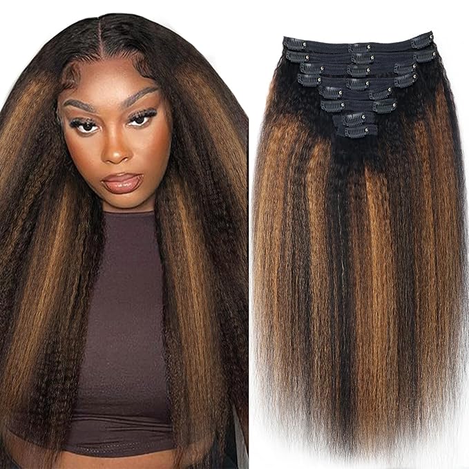 Kinky Straight Clip in Hair Extensions Real Human Hair For Women Highlight Hair Extensions Kinky Straight Clip ins (22inch,T1BP1B/30)