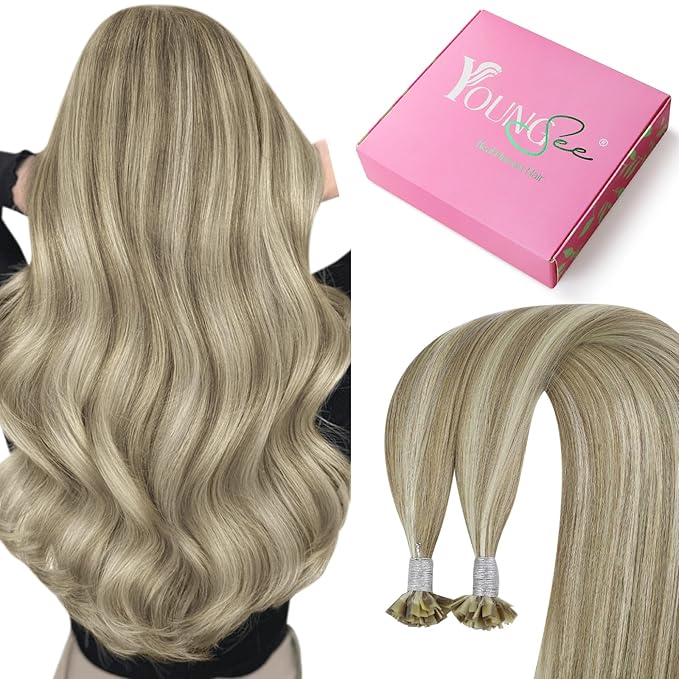 YoungSee U Tip Hair Extensions Real Human Hair Brown K Tip Hair Extensions Light Brown Highlight Blonde Hair Extensions K Tip 24in Ktip Hair Extensions Remy Human Hair for Wedding Hot Fusion 50s/50g