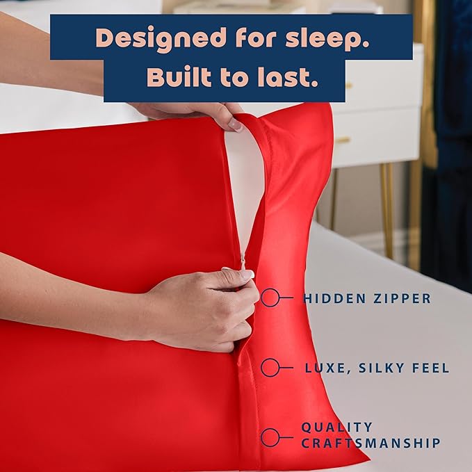 BLISSFORD Satin Pillowcase with Zipper, for Hair and Skin Care, Feels Soft and Cool Like a Silk Pillowcase, Red Satin Pillow Cases Set of 2, Slik Pillow Cover, Standard Size - 2 Pack