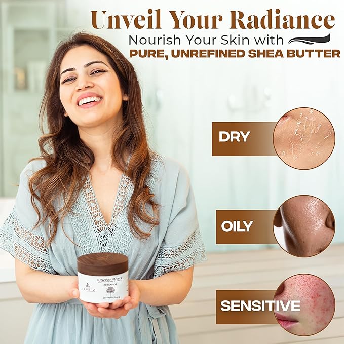 AZMERA Handcrafted Whipped Shea Body Butter – Luxurious Moisturizer for Dry, Sensitive Skin with Bergamot, Argan Oil & Vitamin E – Vegan, Non-Greasy Skincare – 8.82 oz