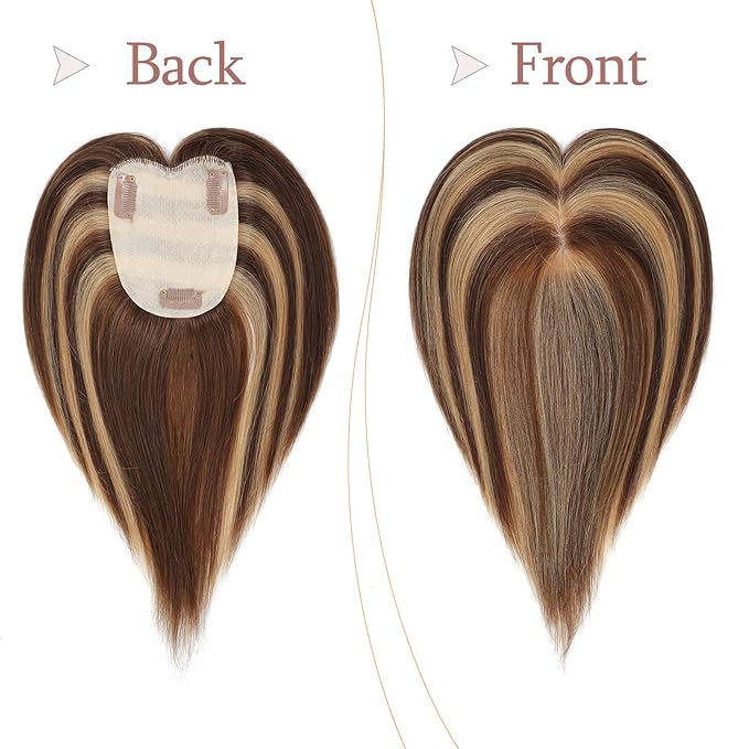 Human Hair Toppers for Women with Thinning Hair Real Human Topper Crown No Bangs 10 Inch #4P27 Medium Brown mix Dark Blonde