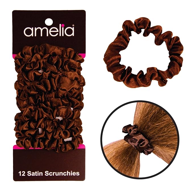 Amelia Beauty, Brown Satin Small Scrunchies, 12-Pack – No Damage Hair Ties for Women, Gentle & Durable Hair Accessories, 2.5in x 0.5in