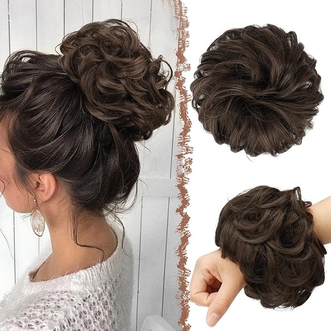 FESHFEN Messy Bun Hair Pieces - Large Wavy Curly Elastic Hair Bun Scrunchies Ponytail Extensions Synthetic Chignon Hairpieces for Women, Dark Brown & Light Auburn Mixed 1.94oz