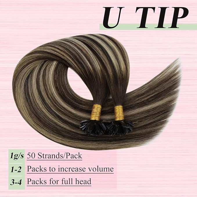 YoungSee Ombre K Tip Hair Extensions Real Human Hair Ombre Dark Brown Mixed Ash Blonde Natural Hair Extensions Utips Human Hair for Women 14In 1G/S 50G