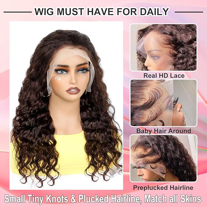 MEIMEI 13x6 Loose Wave HD Lace Front Wigs Human Hair 200 Density Chocolate Brown 100% Real Human Hair 15A Loose Deep Wave Wig Pre Plucked, No Synthetic Blend No Tangle No Shedding Triple Lifespan 3X