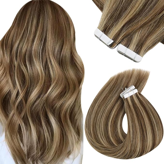 Sunny Hair Tape in Hair Extensions Human Hair 20 Inch Hair Extensions Real Human Hair Tape in Extensions for Women Medium Brown Highlights Caramel Blonde Remy Hair Straight Skin Weft 40pcs 100g