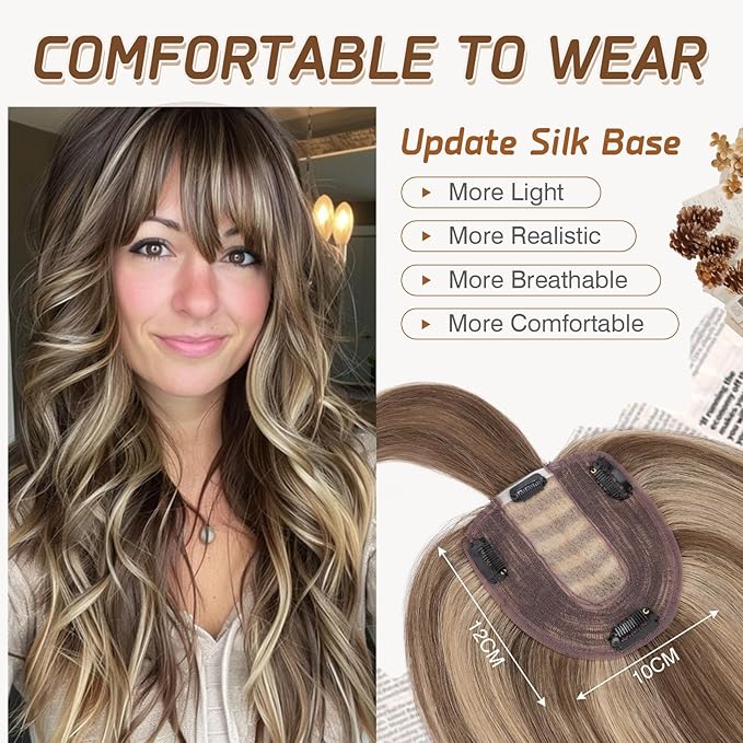 Rich Choices Real Human Hair Toppers for Women With Bang 100% Remy Human Hair Topper for Thinning Hair Clip in Silk Base Hair Topper 14 Inch #4P27 Medium Brown Mix Dark Blonde