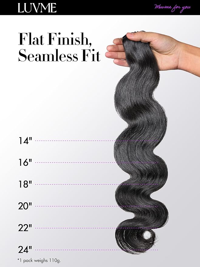 LUVME Body Wave Seamless 110g 7Pcs Clip in Hair Extensions Full Max with 16inch Remy Human Hair Extensions, Natural Black 100% Real Soft Hair