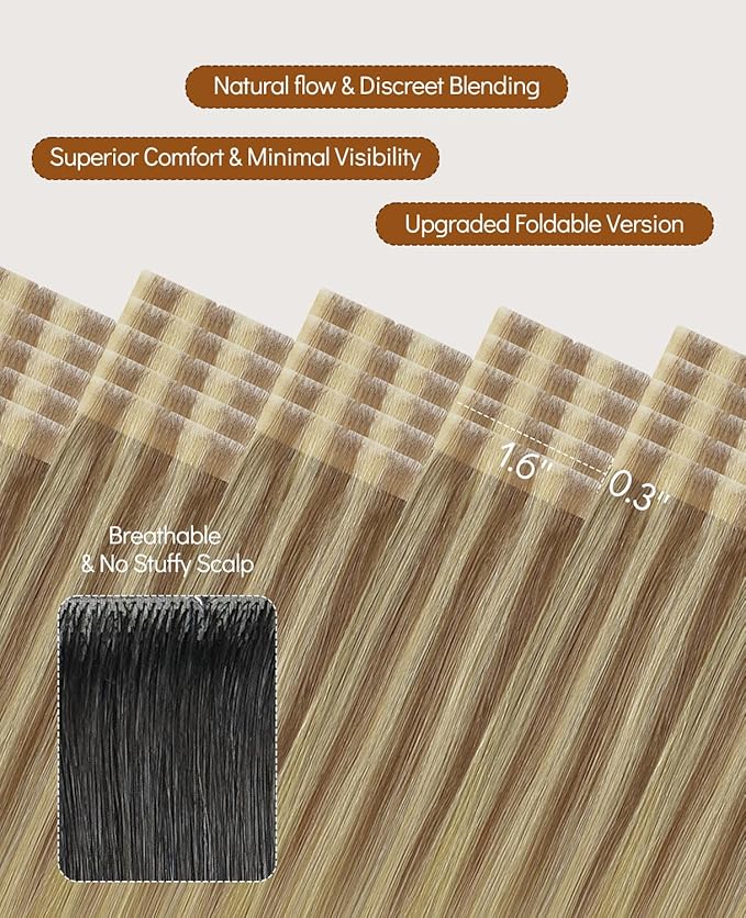 VINBAO 60g Injected Tape in Hair Extensions Human Hair Balayage Ash Brown to Caramel Blonde 20pcs Seamless Invisi Edge Hair Extensions Tape in Natural Look 22inch #10/16/16