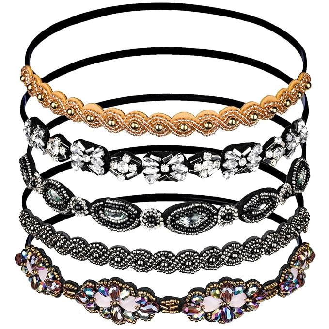 Teenitor 5pcs Elastic Beaded Headbands, Jewels Hairbands Hat Bands, Crystal Rhinestone Headband for Women Girls