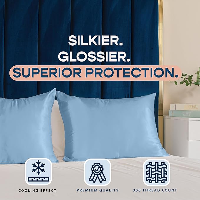 BLISSFORD Luxury Satin Pillowcase for Hair – King Satin Pillowcase with Zipper, Jewel Blue (Pillowcase Set of 2)