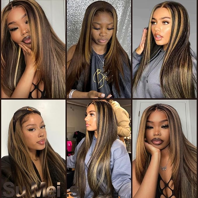 Glueless Synthetic Lace Front Wig 26 Inches Long Straight 13x5x1 HD Lace Wigs for Black Women (4/27 Highlight, 26 Inch)