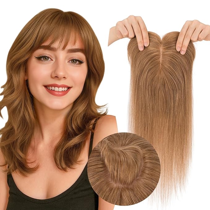 Real Human Hair Toppers for Women 3.54"*4.72" Silky Base 150% Density With Bangs Adjustable Parting Clip-In Topper Hairpieces for Women with Thinning Hair 14 Inches Light Brown